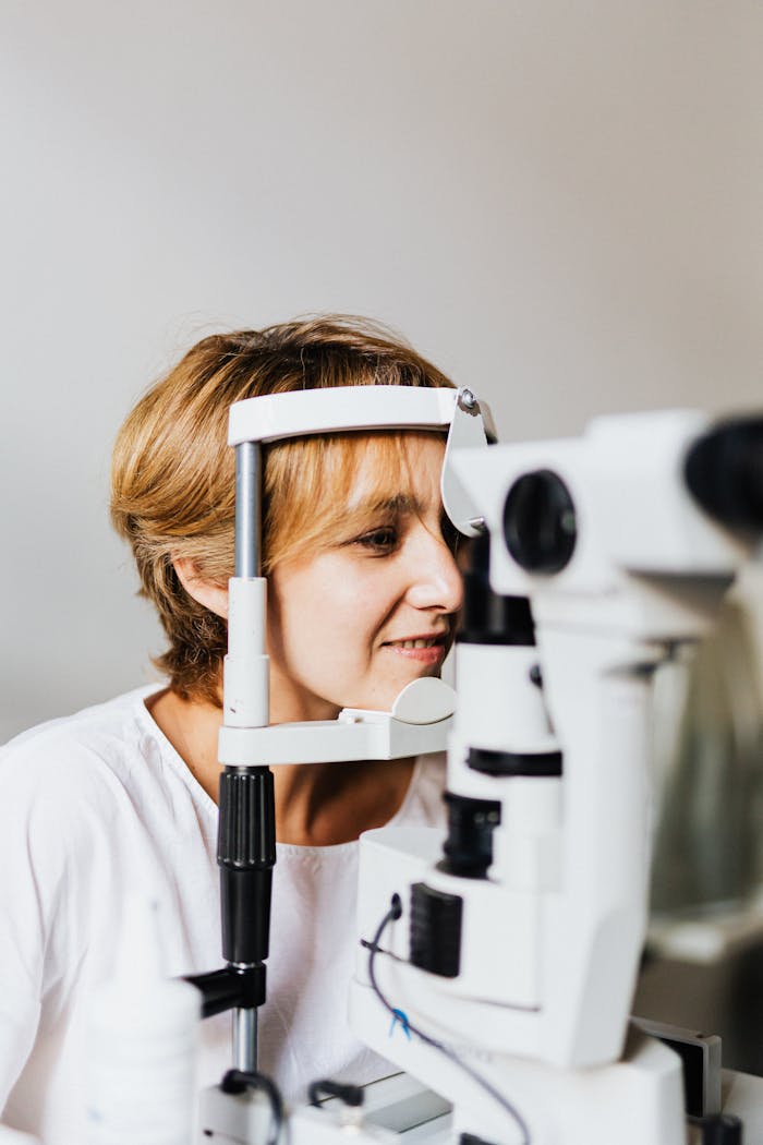A woman experiencing an eye examination using modern medical equipment indoors.